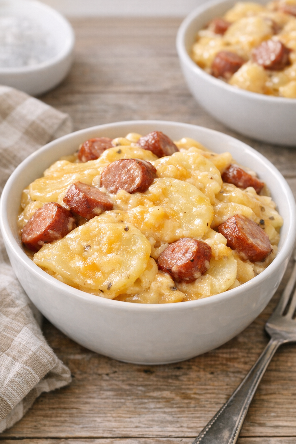Kid-friendly slow cooker potatoes with small sausage pieces