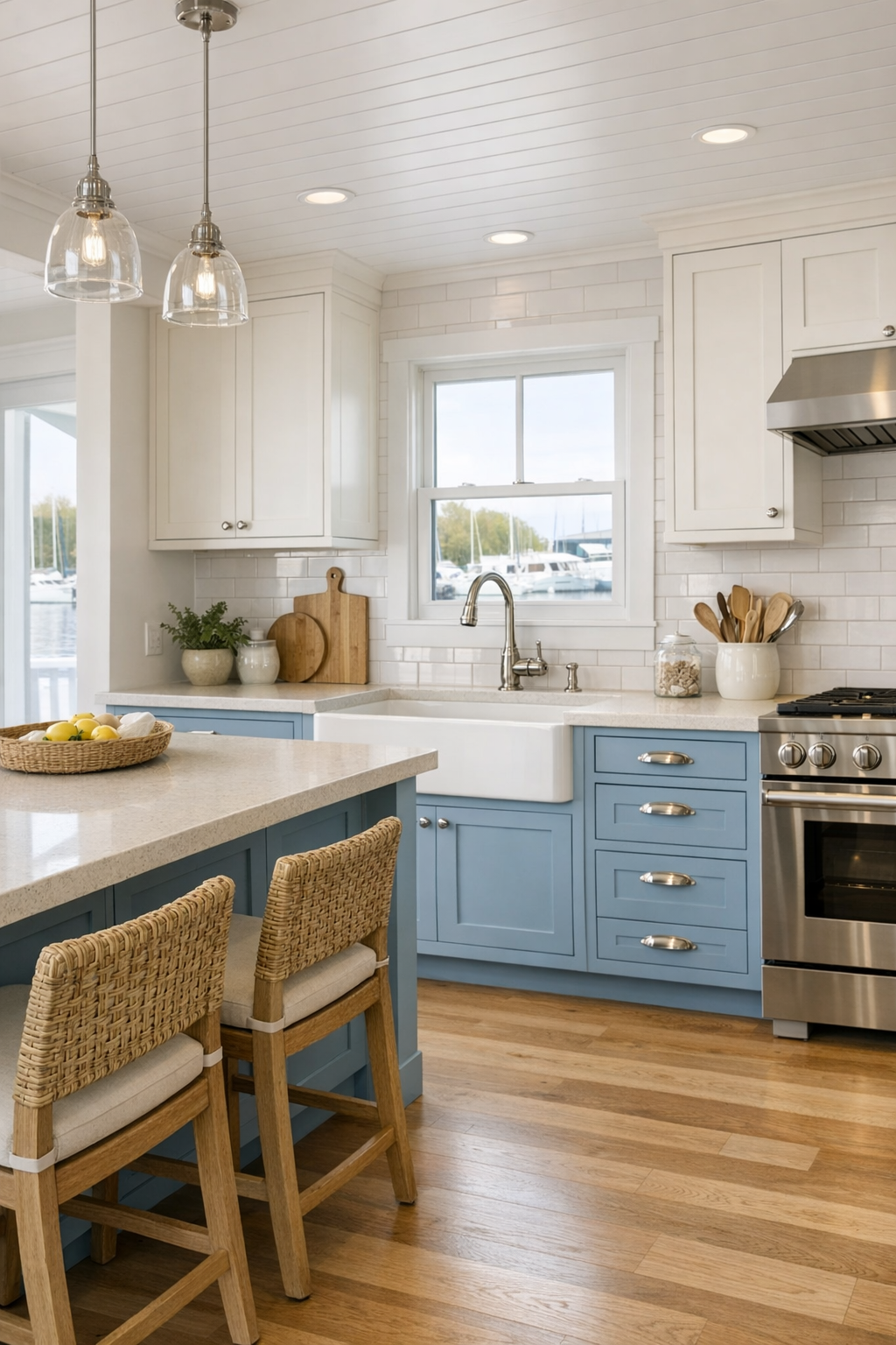 Soft blue and white houseboat kitchen with quartz counters and subway tile