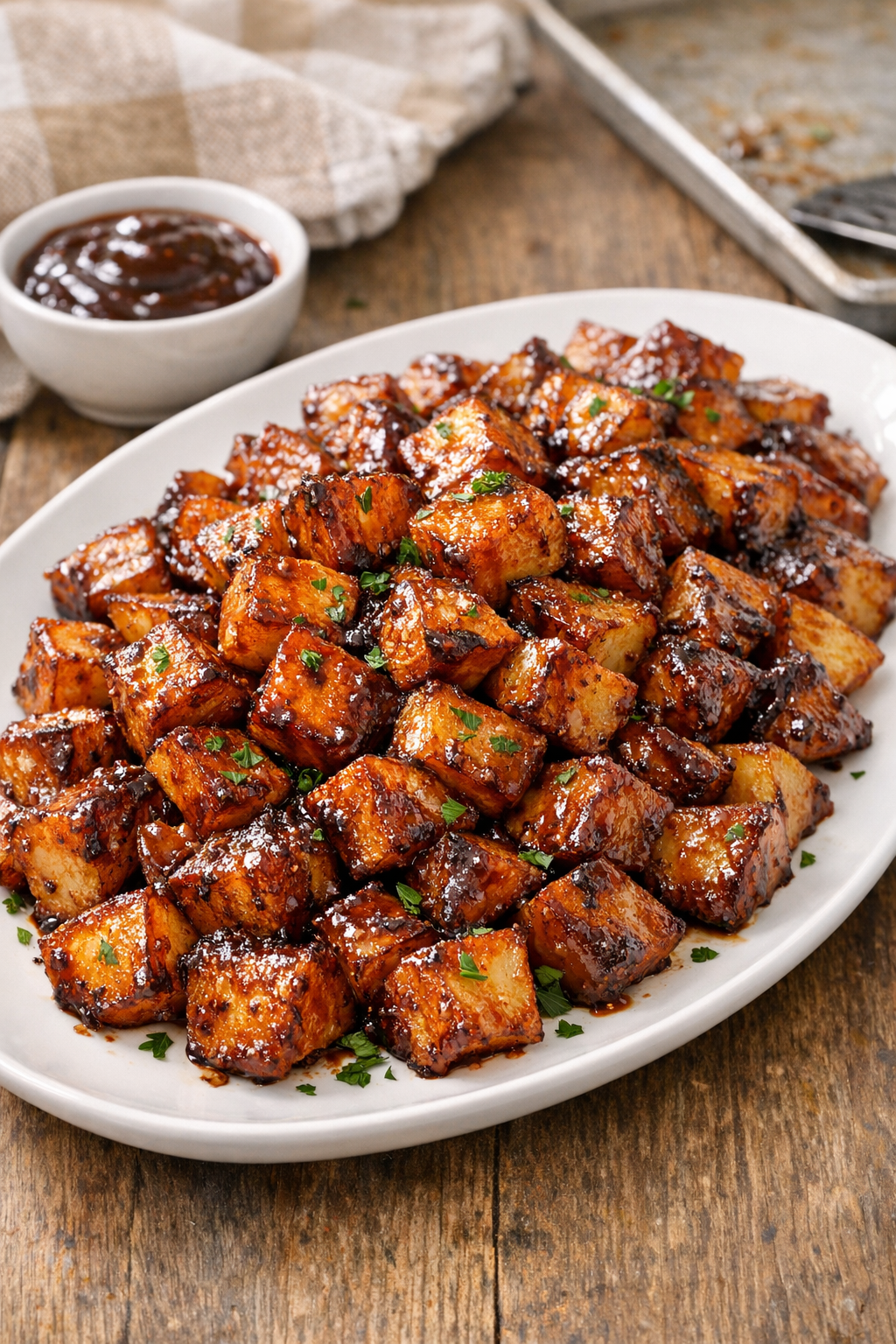 Finished platter of oven baked hickory BBQ potatoes