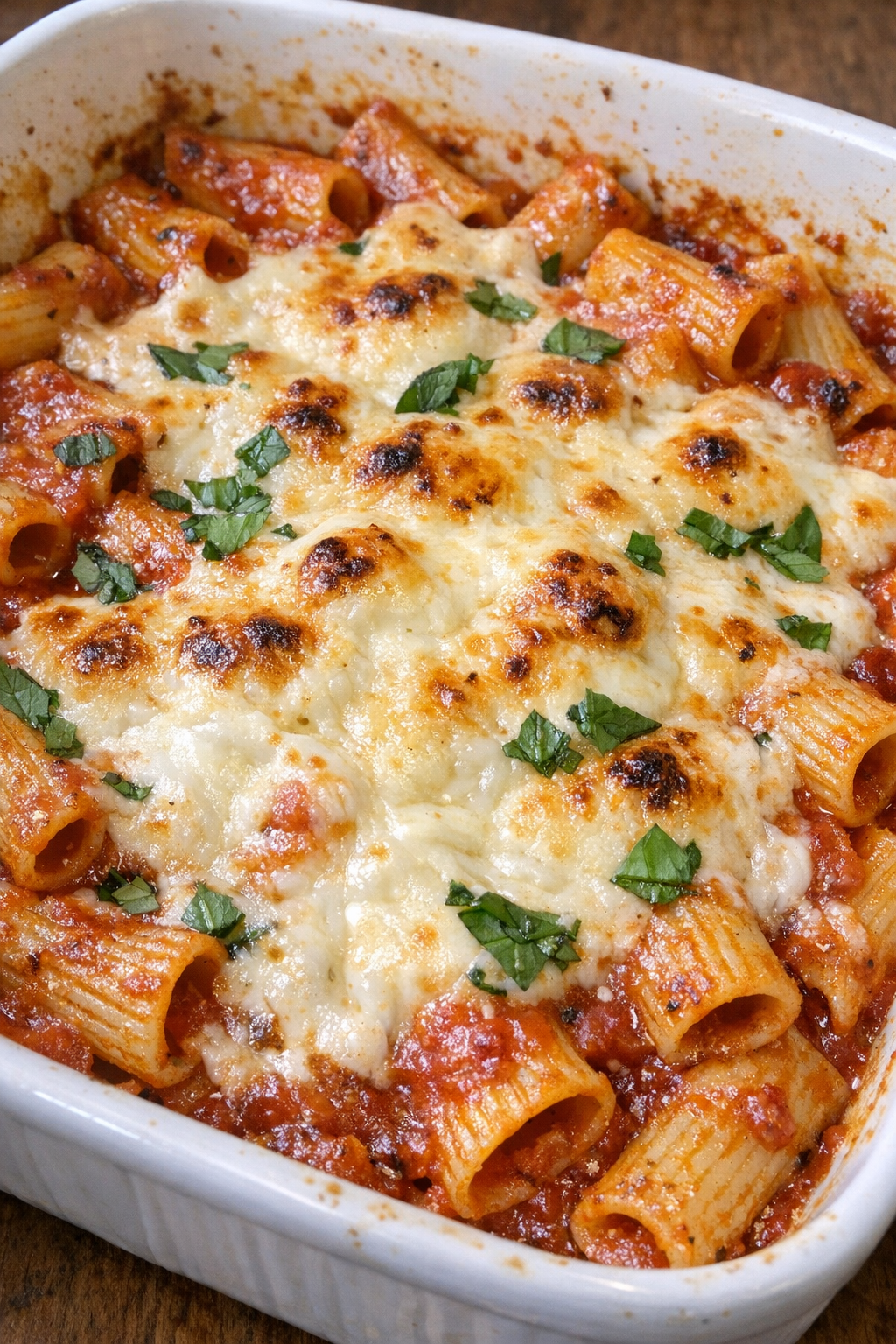 Baked burrata rigatoni with bubbly cheese and basil