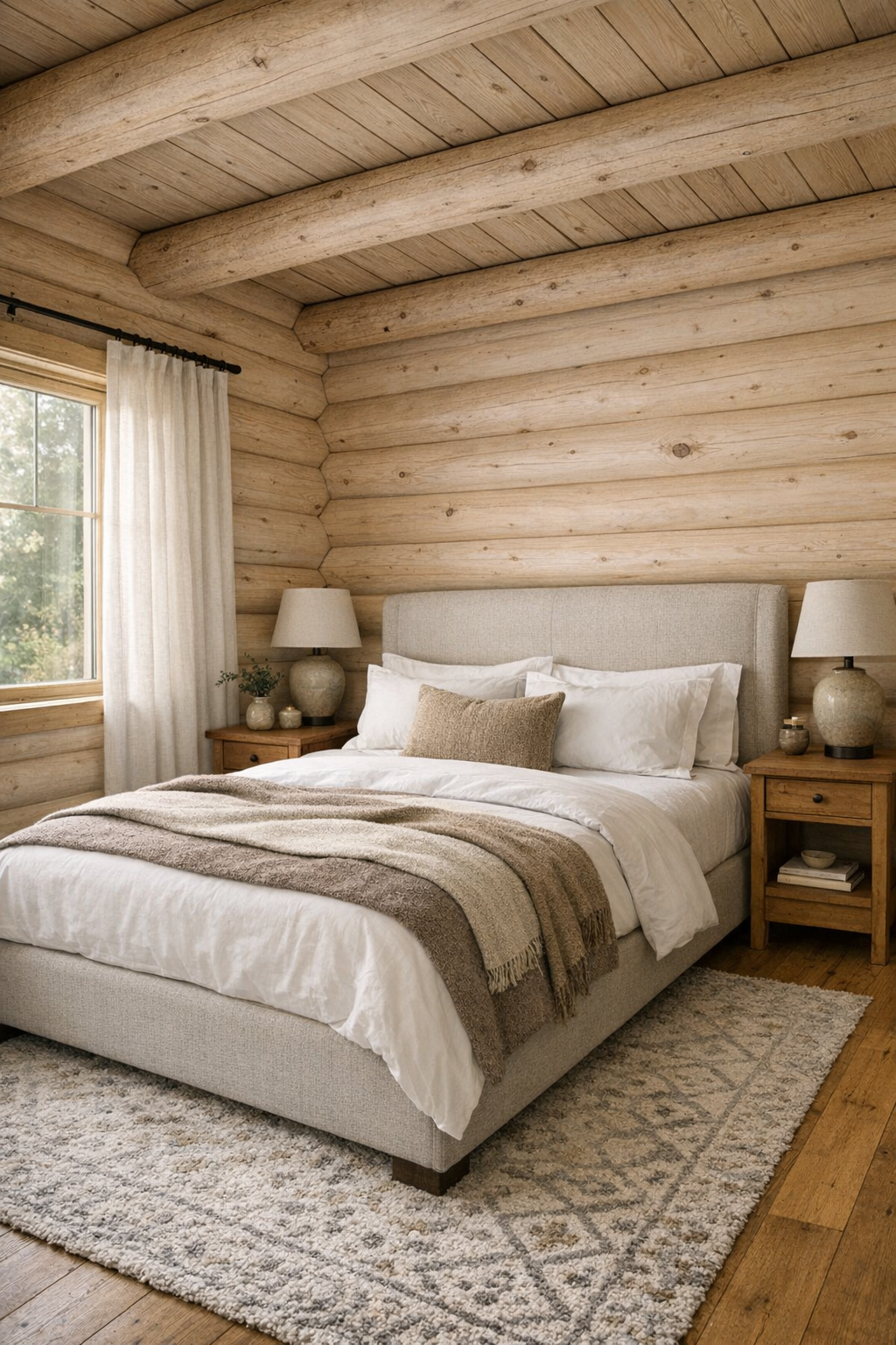 Bedroom with upholstered bed, pale log walls, layered neutral textiles, and wood beams
