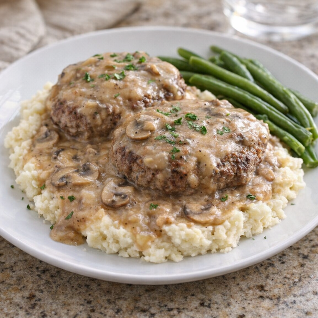 Slow cooker poor man's steak served over mashed potatoes