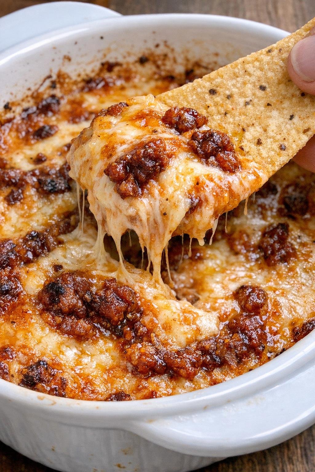 Finished chorizo Pendleton dip in a white casserole dish