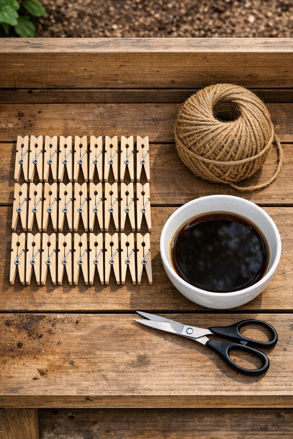 Wooden clothespins, garden jute, and soaking supplies laid out on a potting bench