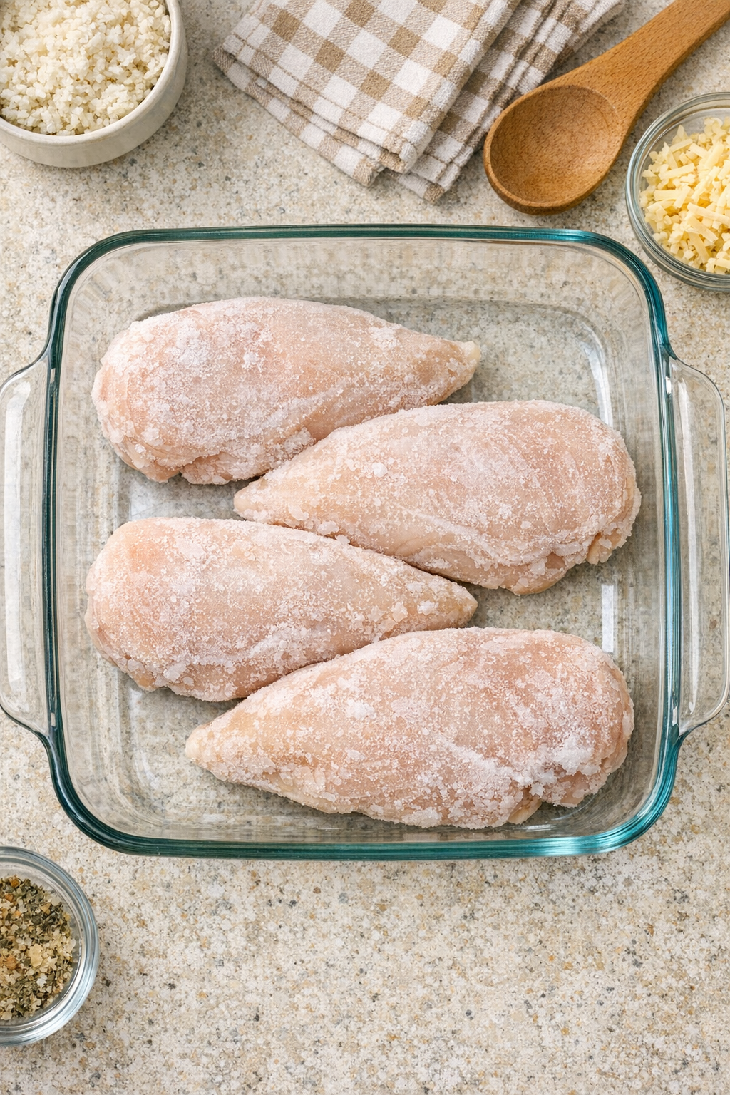 Frozen chicken breasts arranged in a glass baking dish