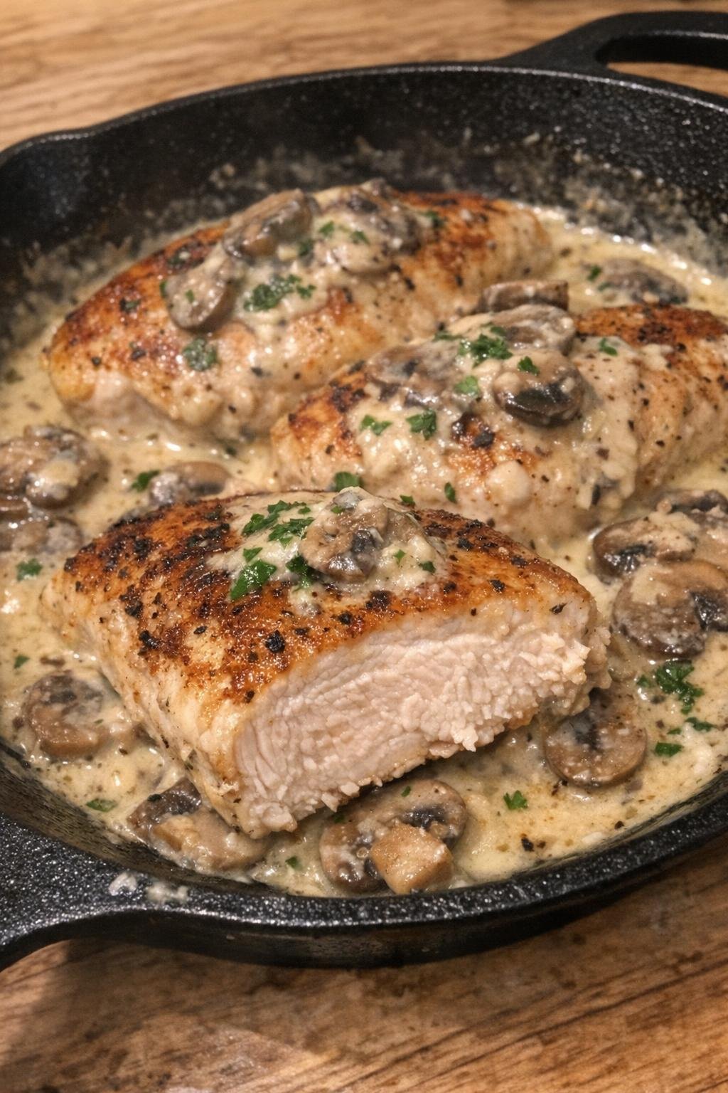 Golden pan-seared chicken breasts in creamy mushroom sauce