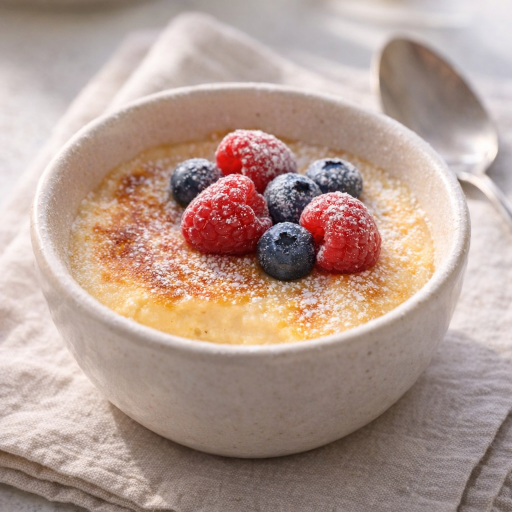 Small bowl of baked custard topped with berries and powdered sugar
