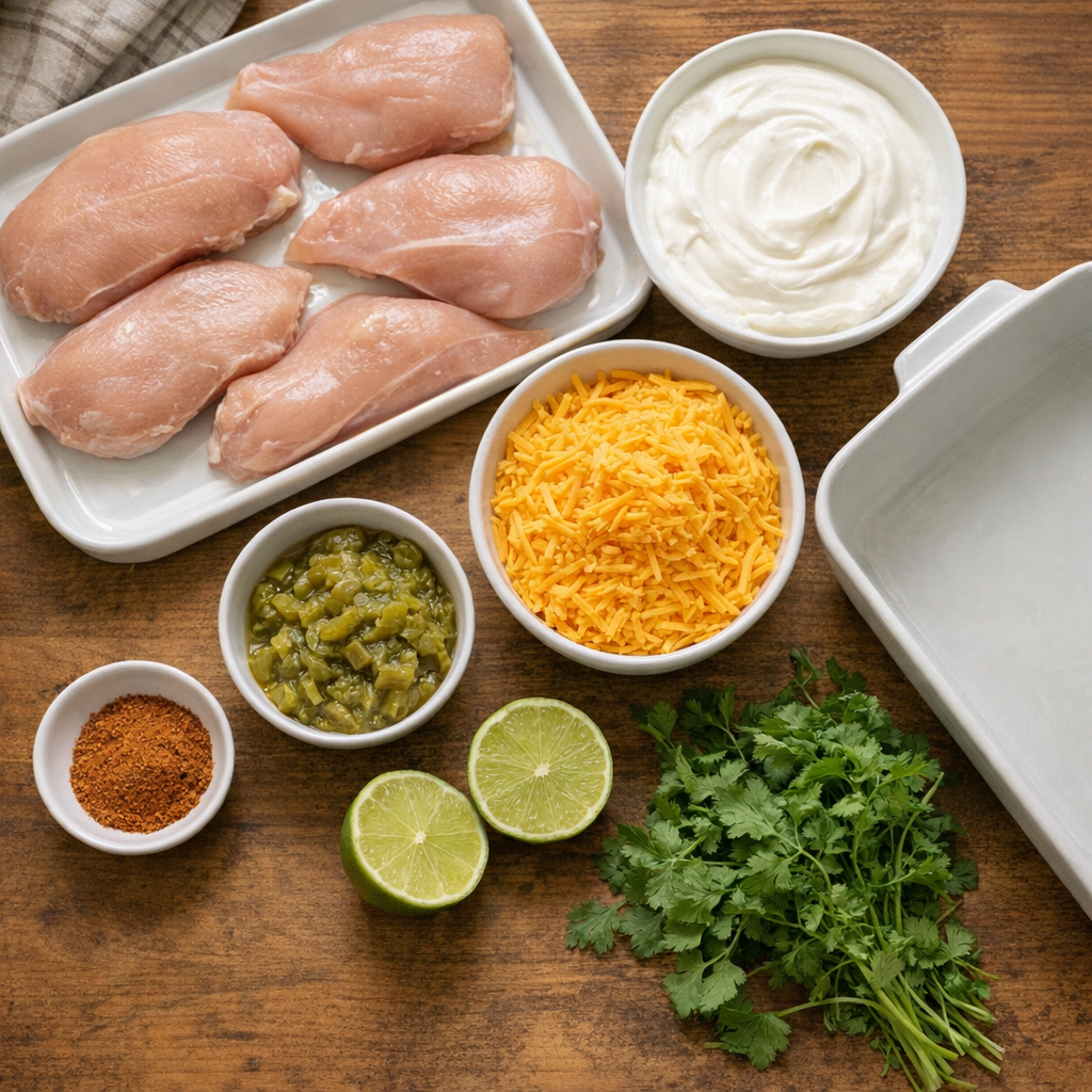 Ingredients for green chile taco chicken laid out on the counter