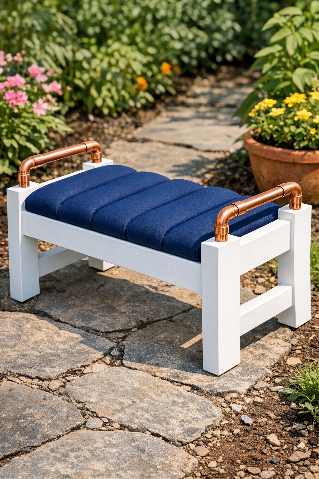Finished DIY garden kneeler with navy cushion and copper handles