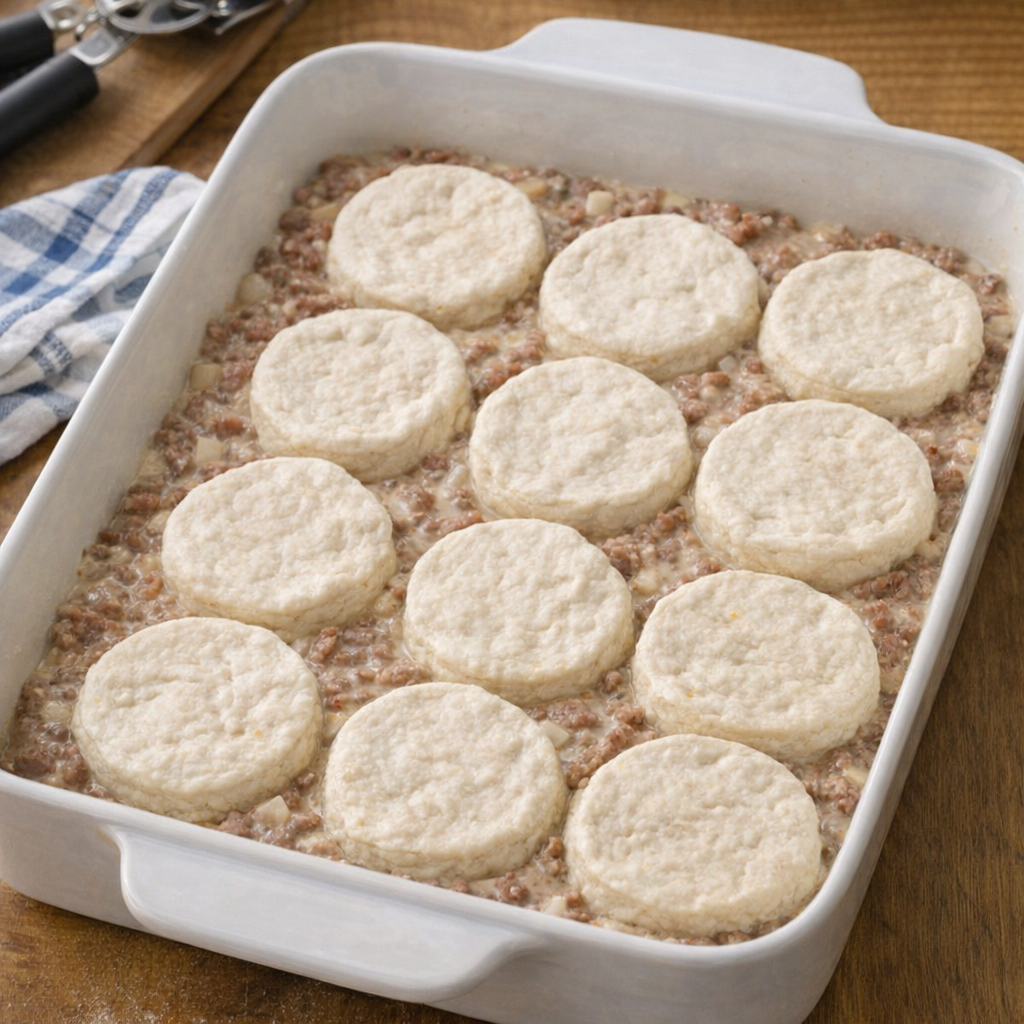 Unbaked casserole topped with biscuit dough
