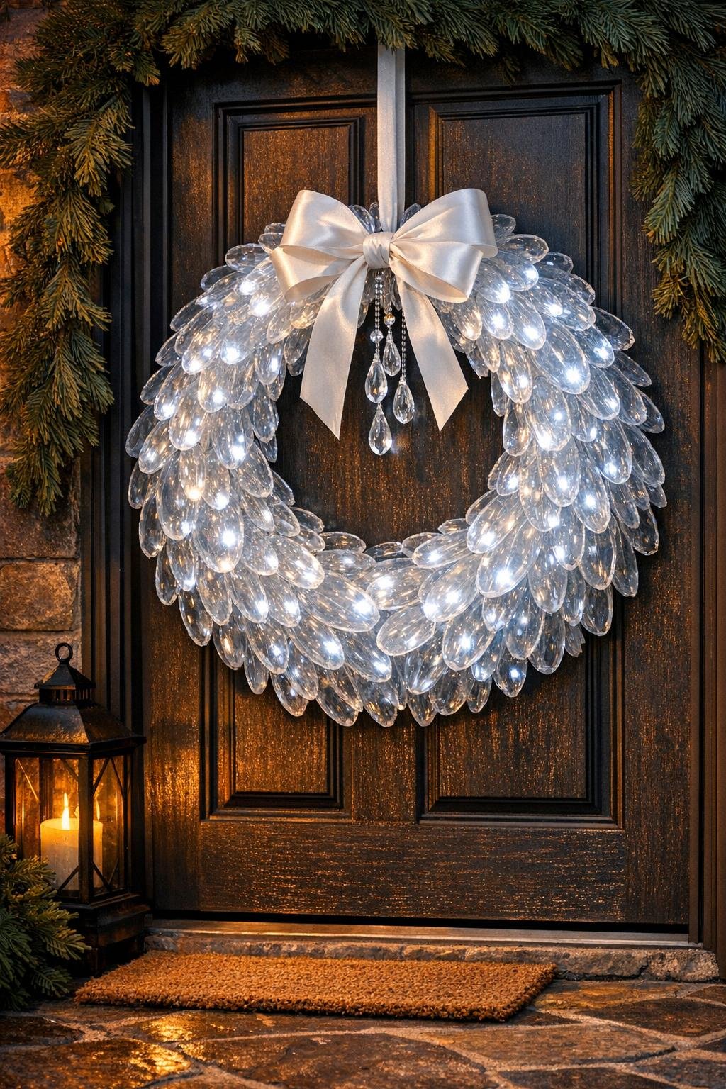 Finished crystal ice wreath made from clear plastic spoons hanging on a front door