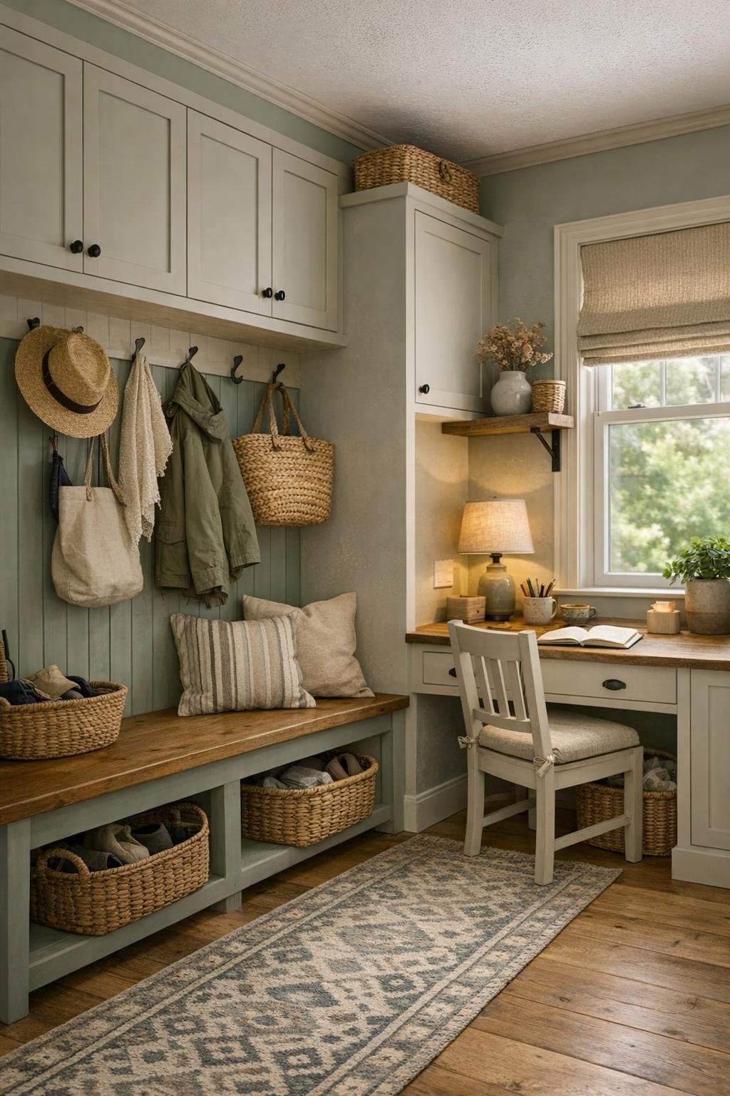 Functional cottage entry and nook with bench, hooks, woven baskets, and soft painted storage