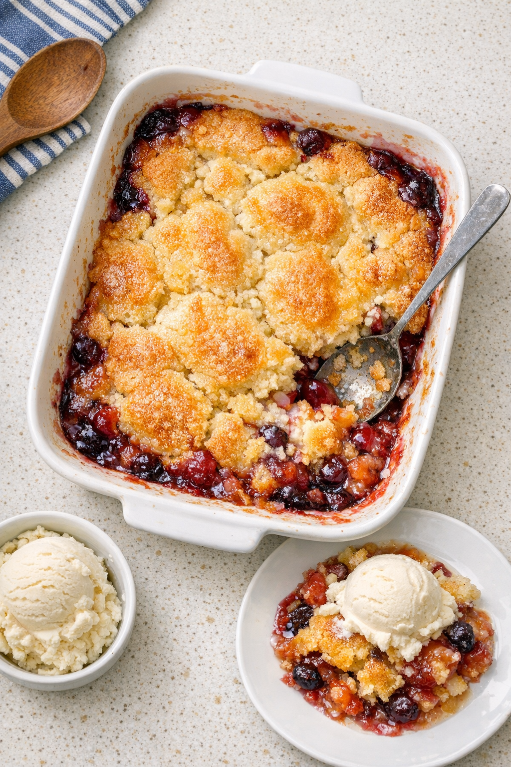 Baked vanilla pudding fruit dessert in a casserole dish