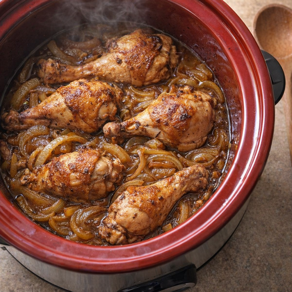 Slow cooker chicken and onions ready for dinner