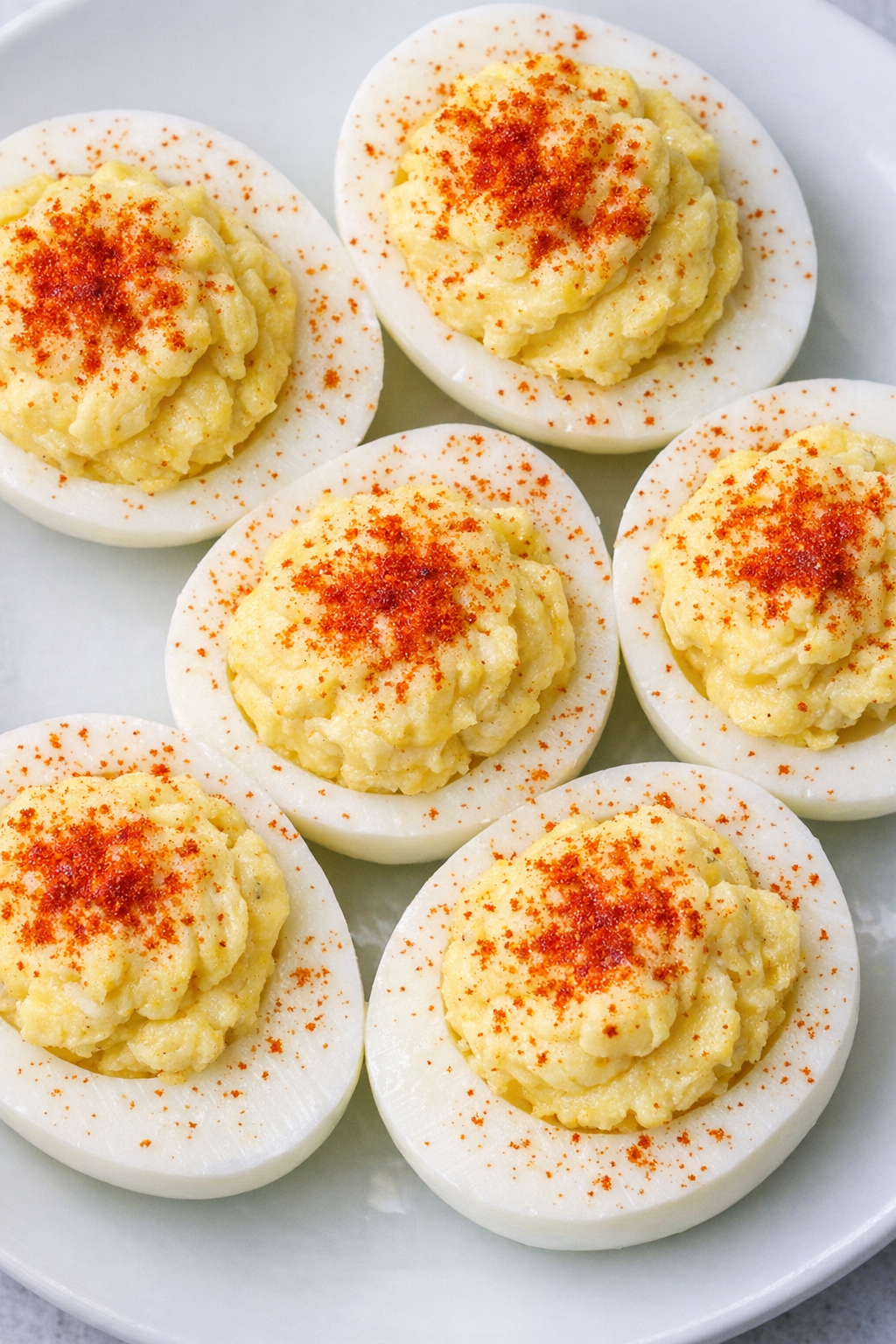 Low carb 3-ingredient deviled egg bites on a white plate