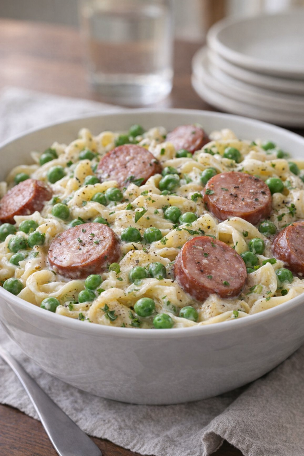 Kid-friendly kielbasa noodles with peas mixed in for a colorful variation
