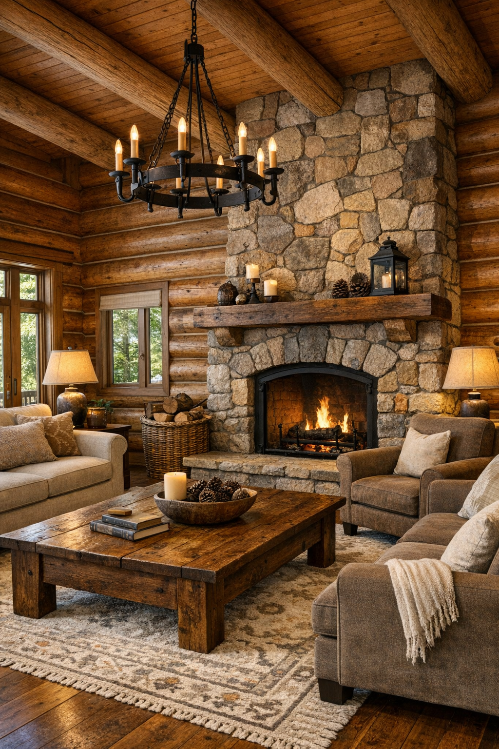 Warm log home living room with stone fireplace and soft neutral seating