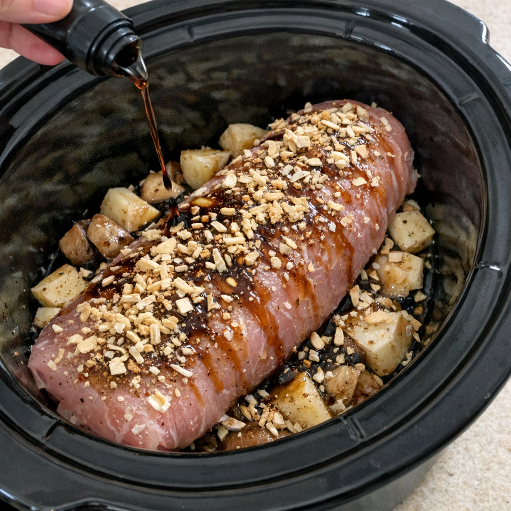 Raw pork tenderloin in slow cooker with Worcestershire sauce and onion soup mix