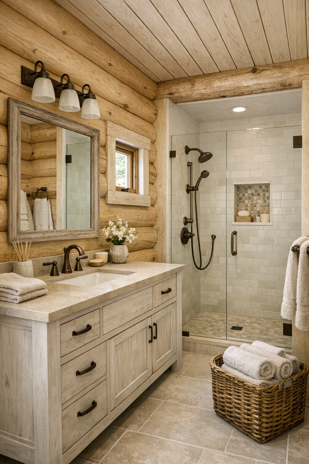 Bathroom with pale log walls, stone vanity, and a warm refined rustic finish