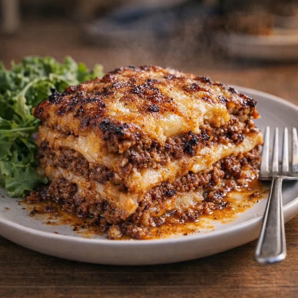 Individual serving of beef bake with salad on the side