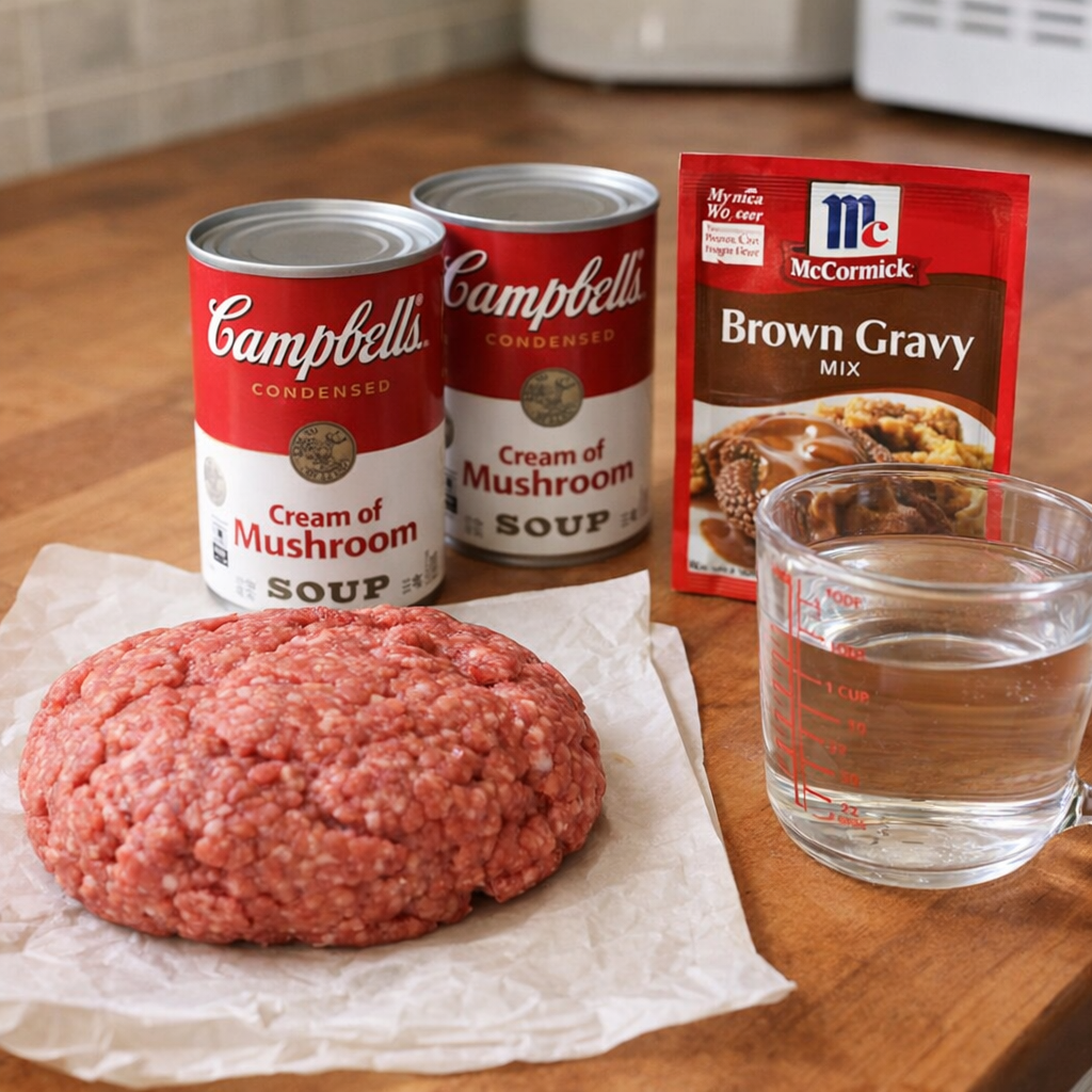 Ground beef, soup cans, gravy mix, and water arranged for Salisbury steak