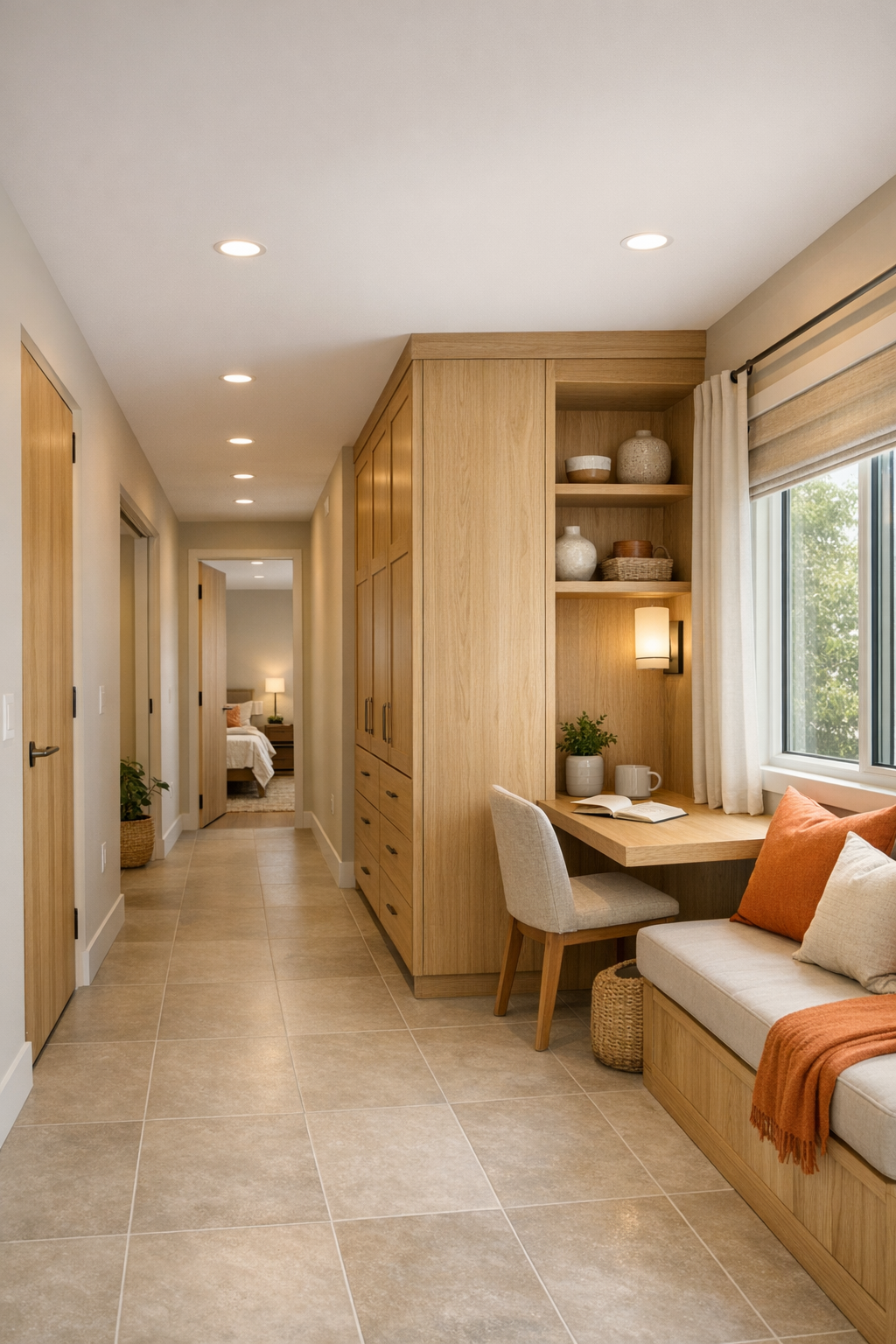 Light-filled hallway and nook with built-in oak storage in a modern container home