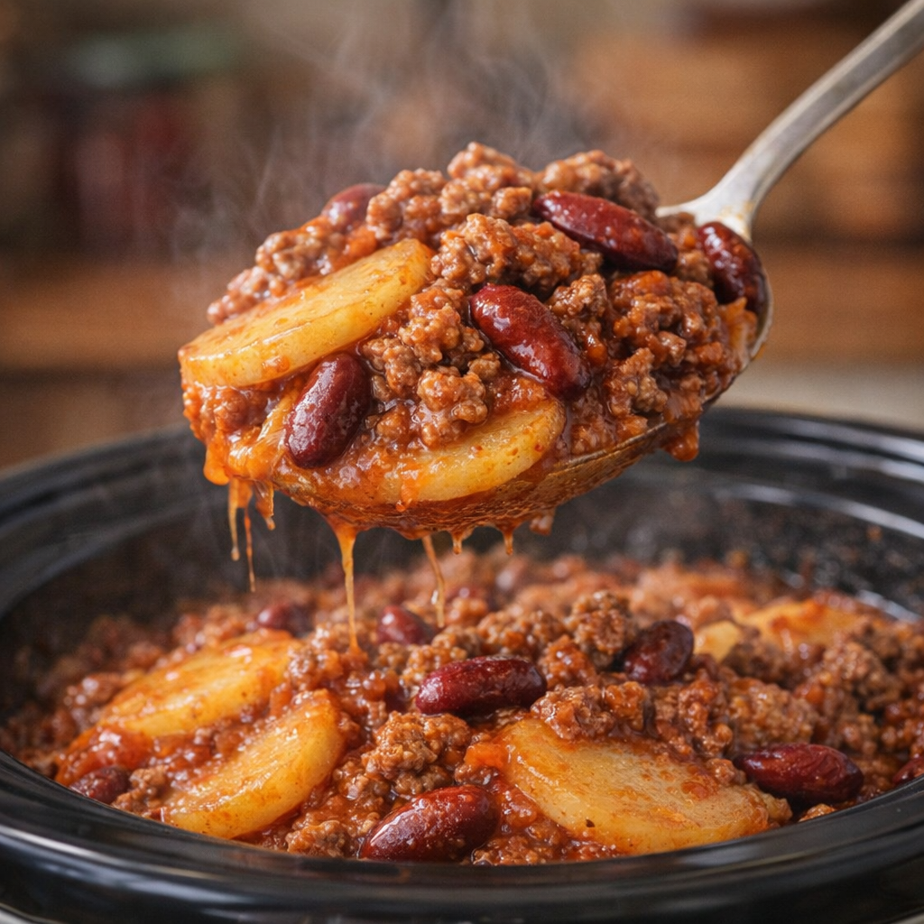 A spoon lifting a serving of shipwreck casserole from the slow cooker