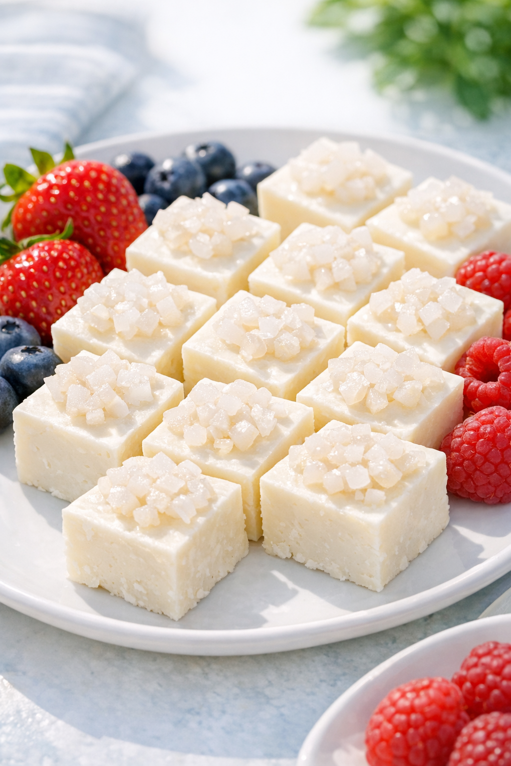 Plated lychee fudge squares ready to serve