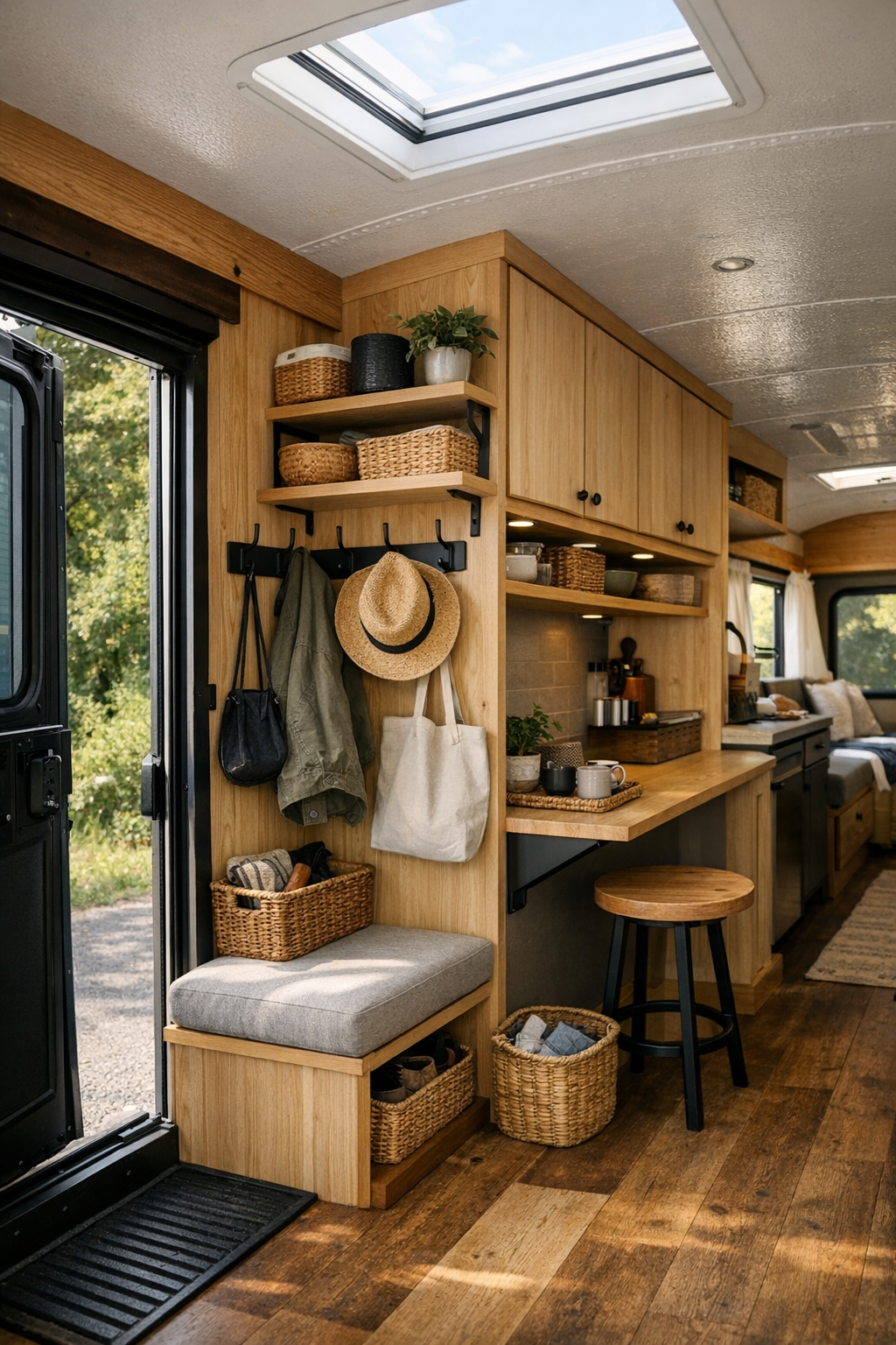 Entry and workspace area inside a converted bus with built-in storage