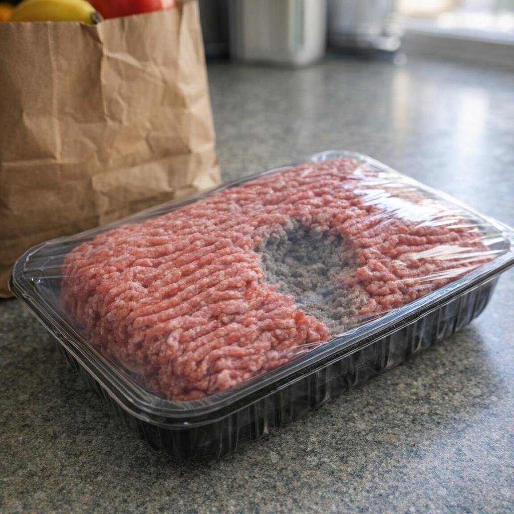 Store-bought ground beef package in a home kitchen under natural light