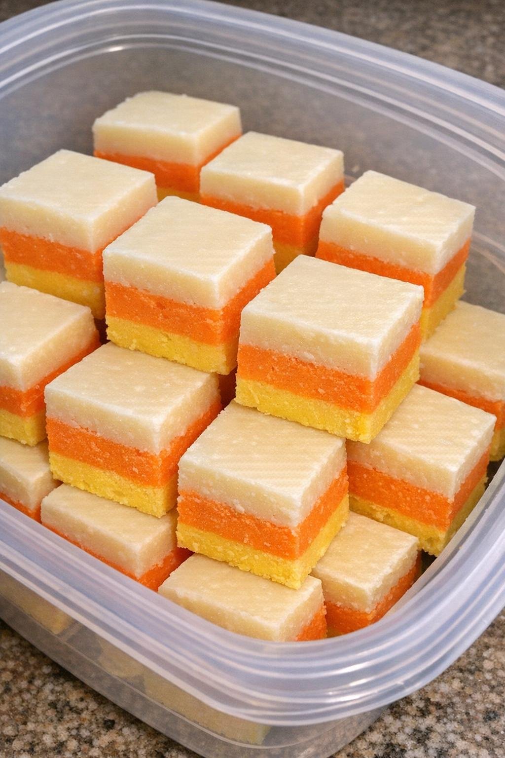 Candy corn fudge squares in a plastic container
