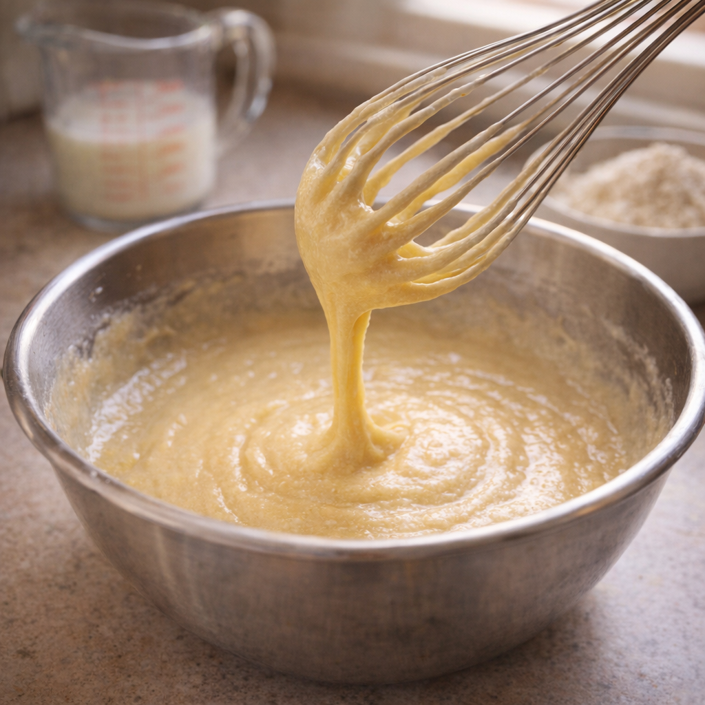 Thick batter being whisked in a mixing bowl