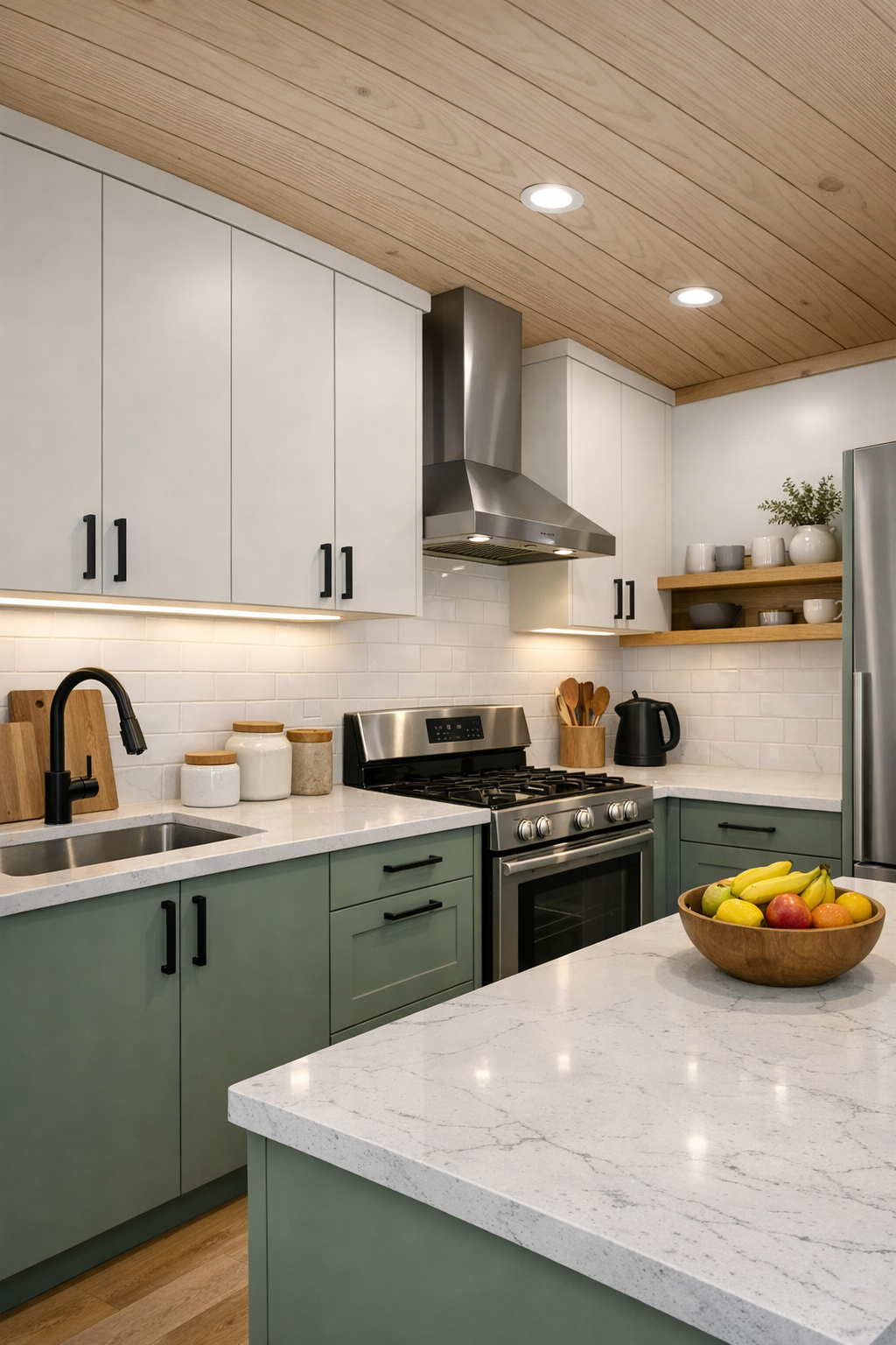 Modern sage and white kitchen with quartz counters, black hardware, and warm wood accents