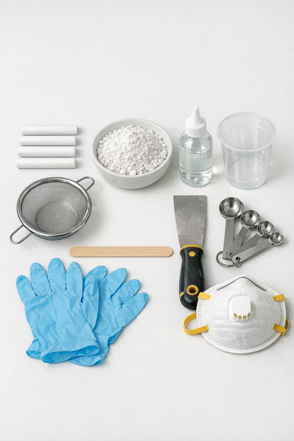 Crushed blackboard chalk, sodium silicate liquid, and simple mixing tools laid out on a work surface