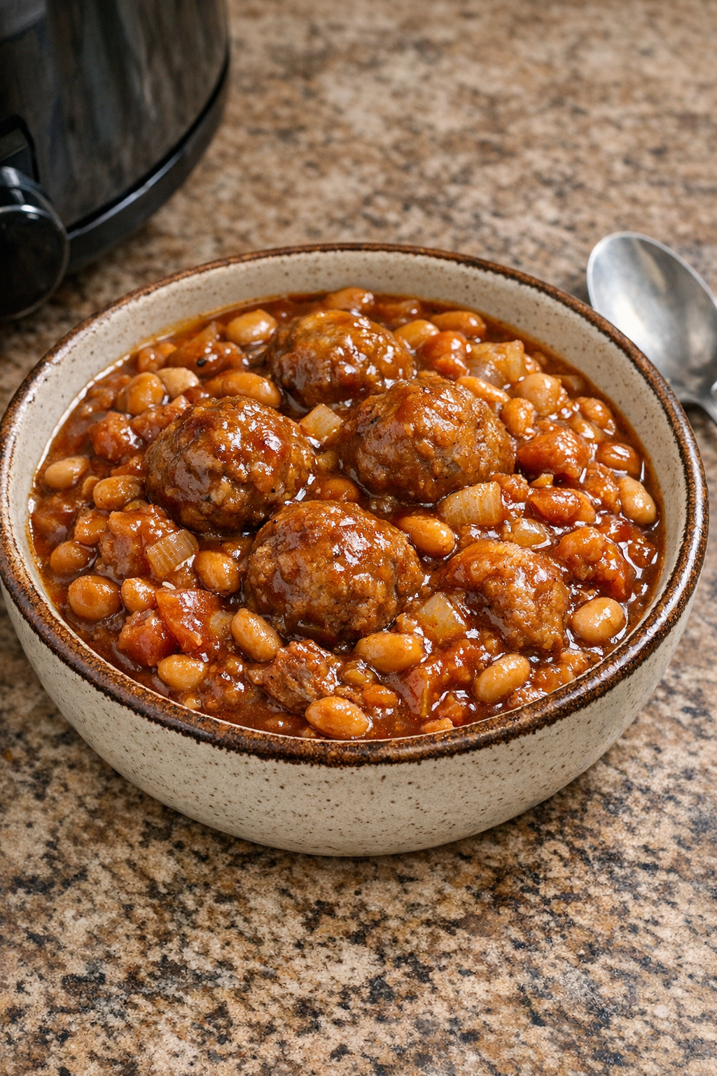 Finished poor man campfire beans with meatballs in a bowl