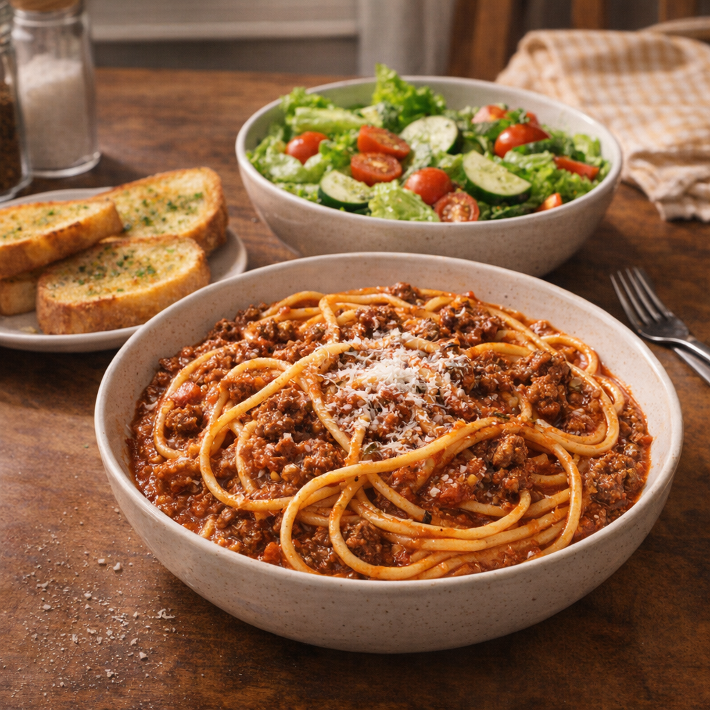 Simple spaghetti dinner with salad and garlic bread