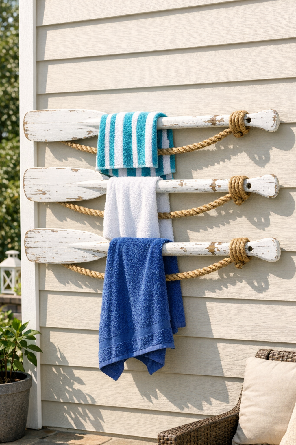 Finished outdoor towel rack made from white wooden oars and sisal rope