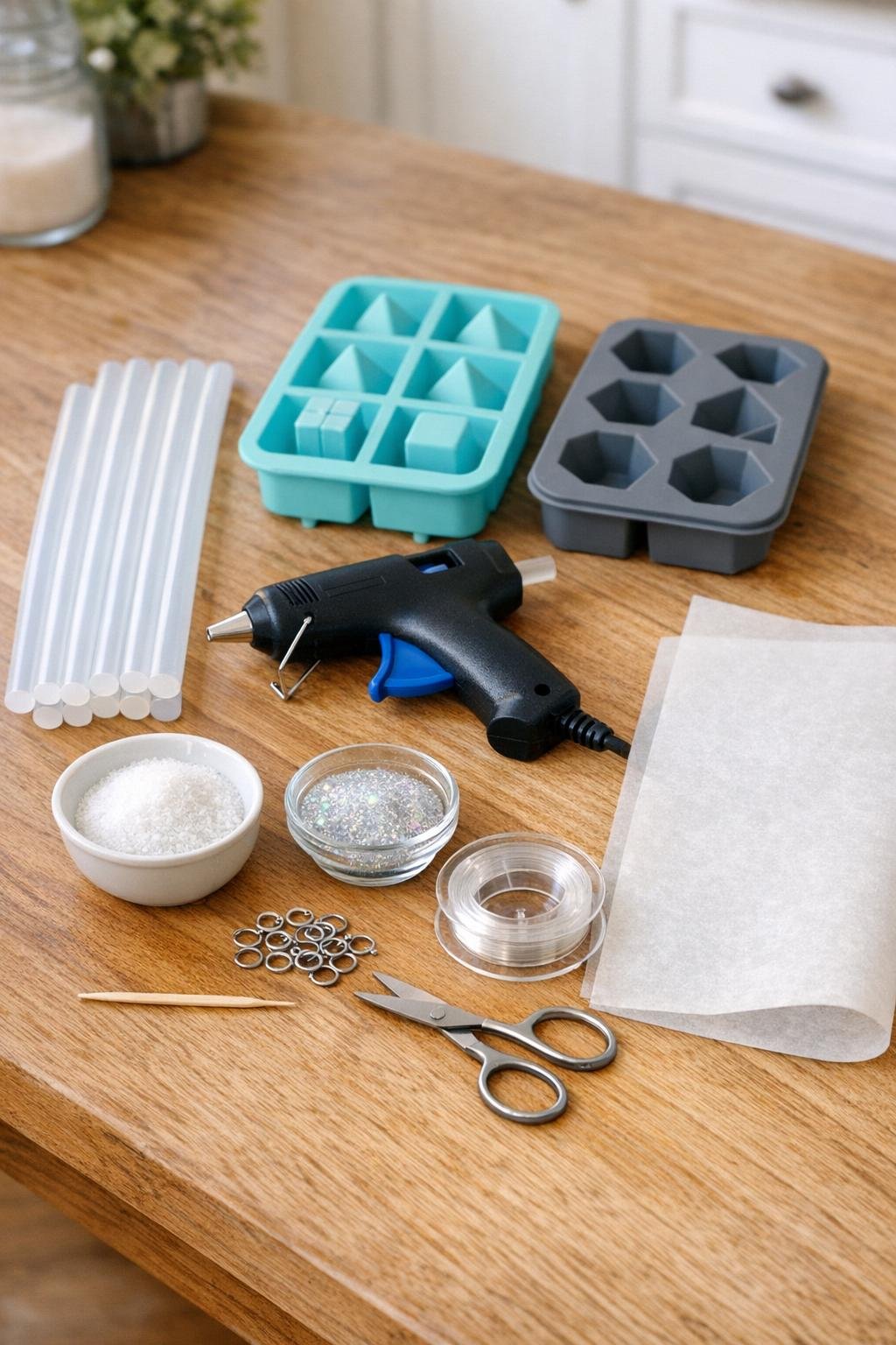 Materials for faux crystal hot glue suncatchers laid out on a kitchen table