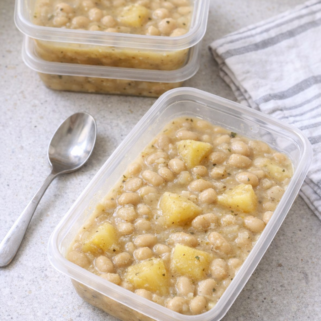Leftover navy bean stew packed in containers for lunch