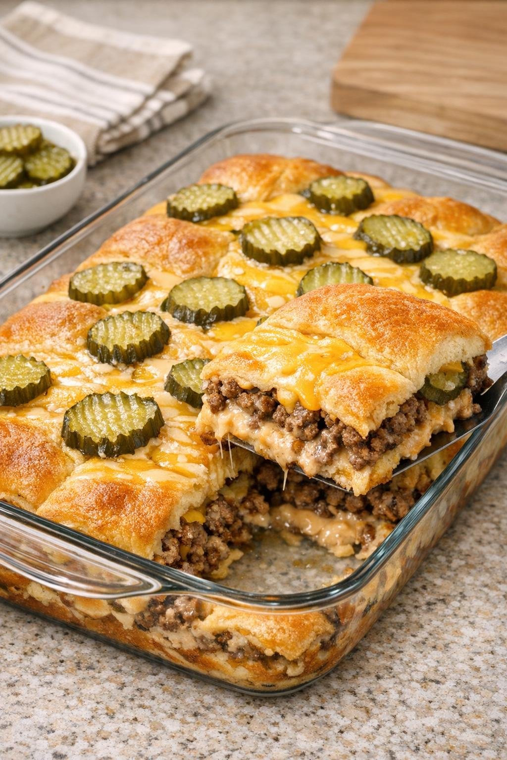 Finished Big Mac crescent casserole baked until golden and sliced for serving