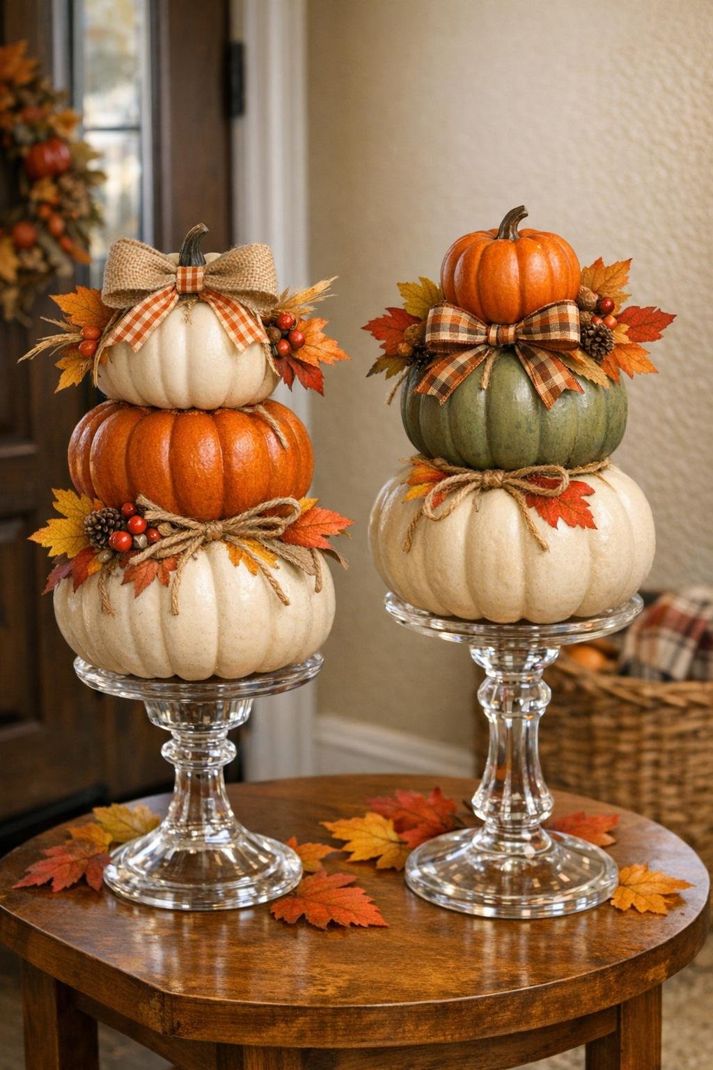 Finished tiered fall pumpkin centerpieces on glass candlestick holders