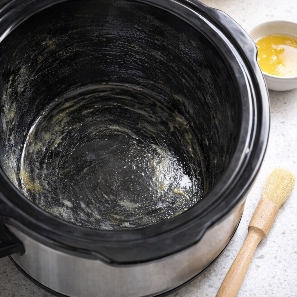 Greased slow cooker insert ready for cake