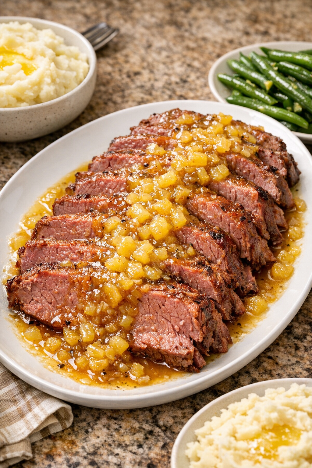 Finished sliced corned beef brisket with pineapple glaze on a platter