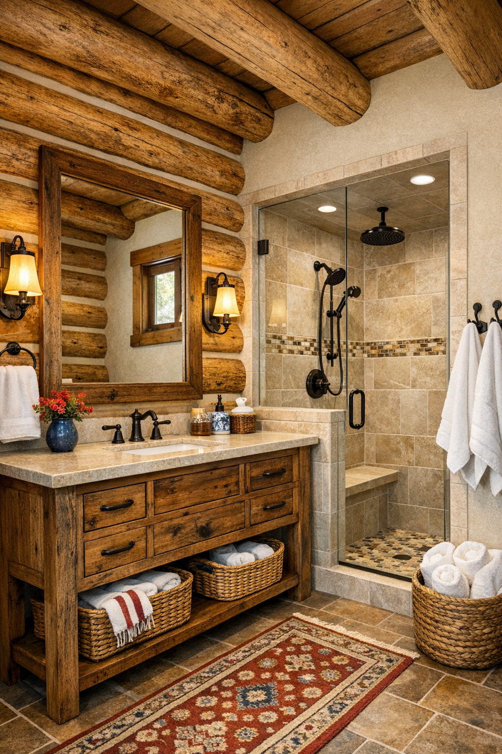 Rustic bathroom with wood vanity, light stone surfaces, and clean handcrafted details