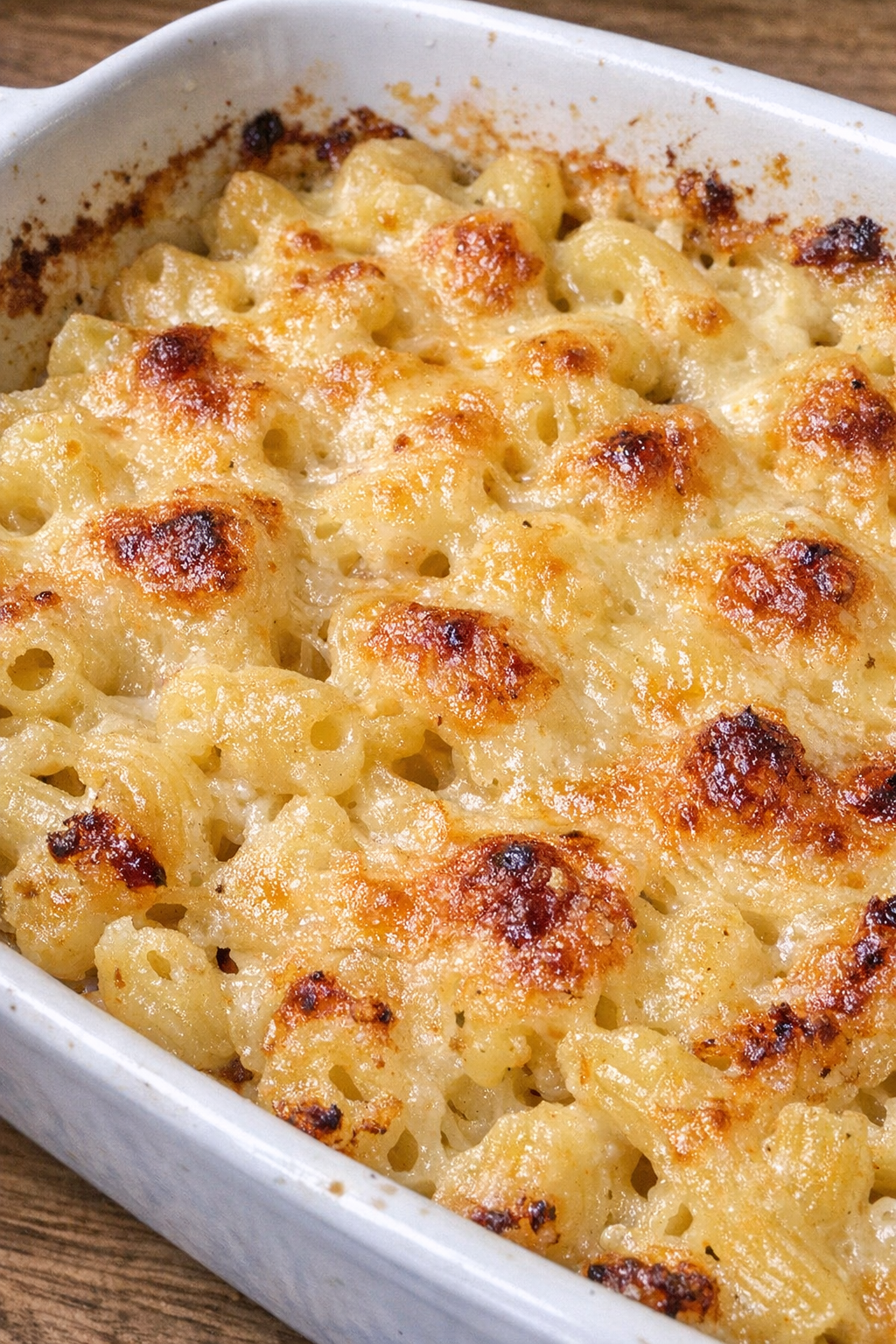 Golden baked Gruyere macaroni in a white casserole dish