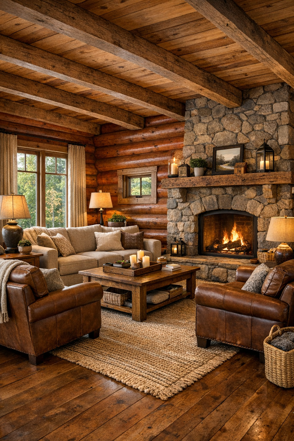 Warm log home living room with red pine walls, stone fireplace, and soft neutral seating
