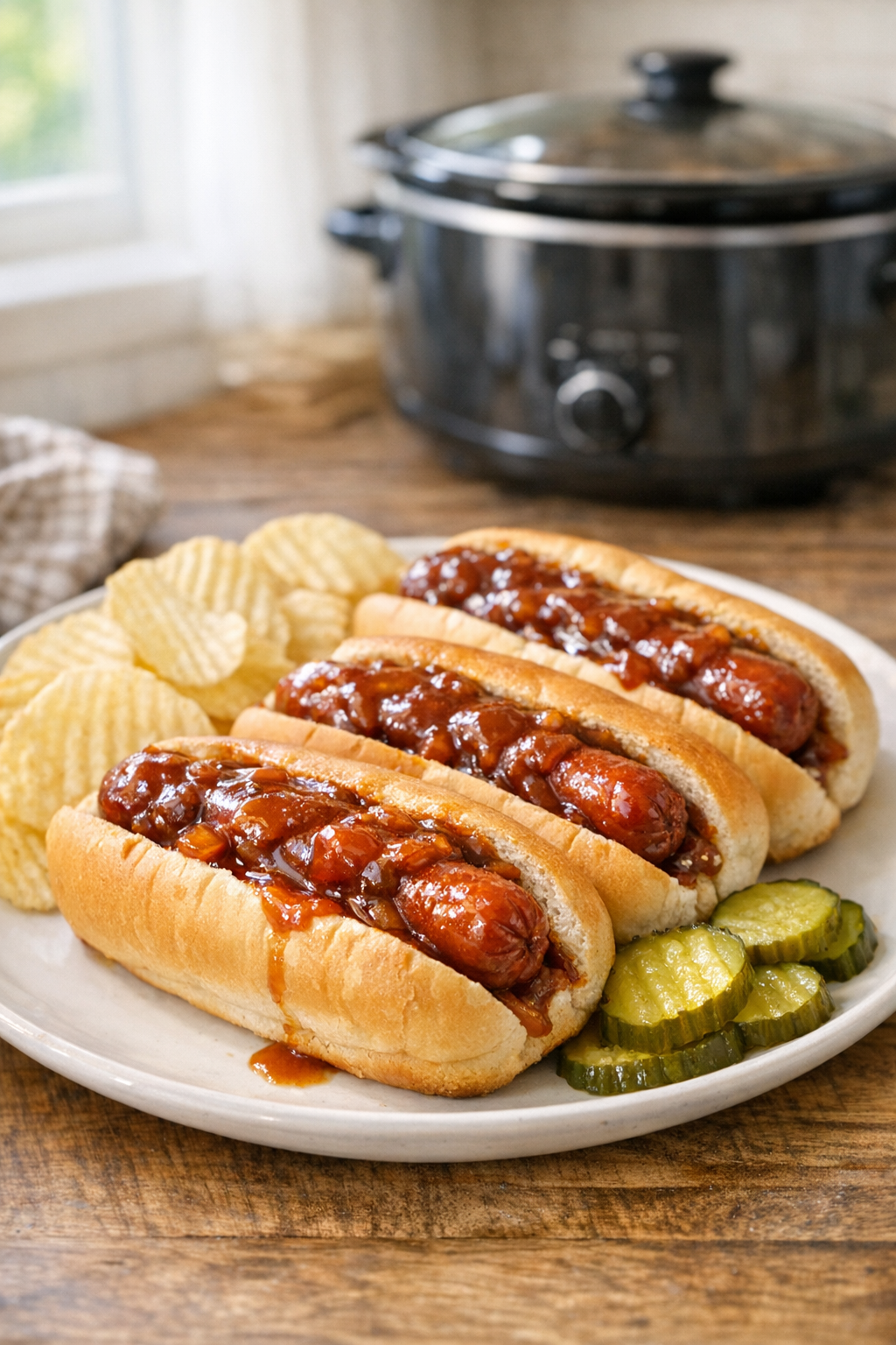 Finished slow cooker beef hot dogs in buns
