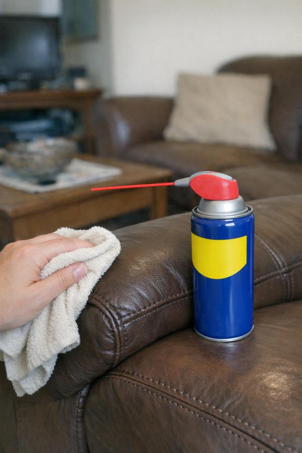 WD-40 on a cloth buffing a leather sofa arm