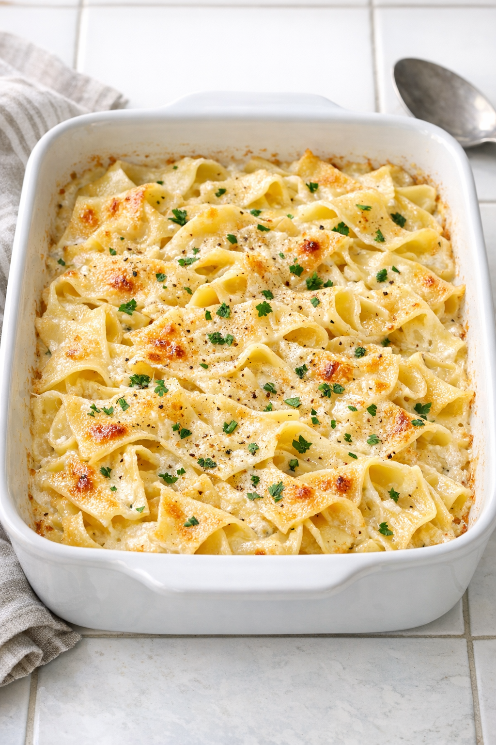 Finished Amish cream noodle bake in a ceramic baking dish