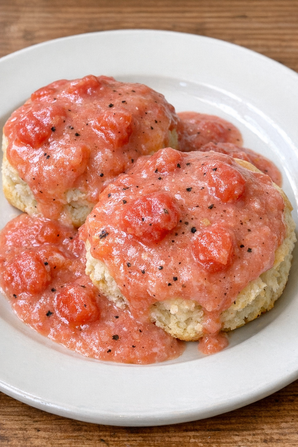 Tomato gravy biscuits on a white plate